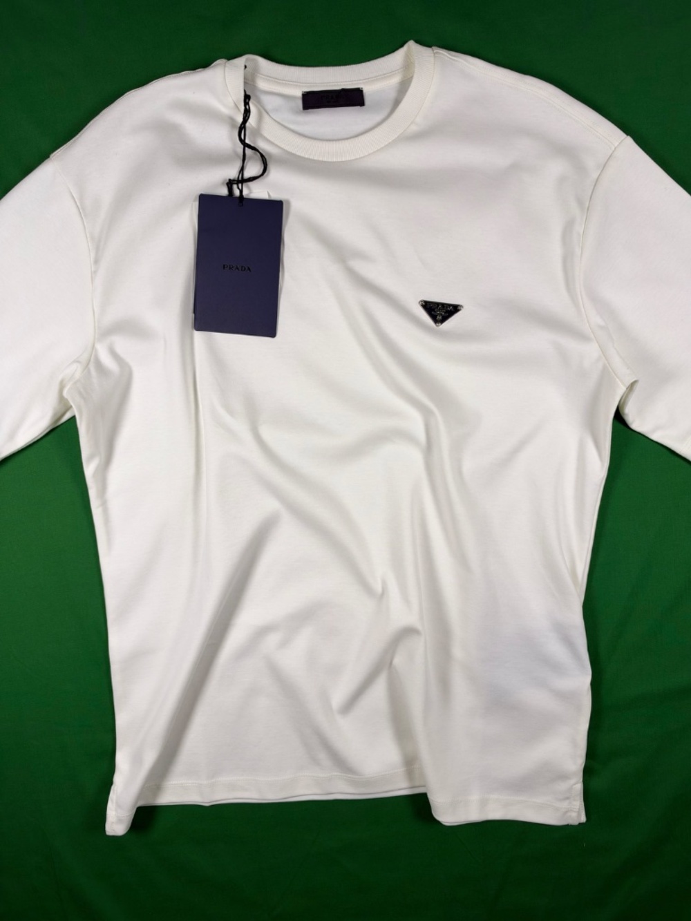 PRADA MEN'S MILKY WHITE COTTON T-SHIRT SIZE LARGE BOXY FIT TRIANGLE LOGO NEW - Picture 3 of 12